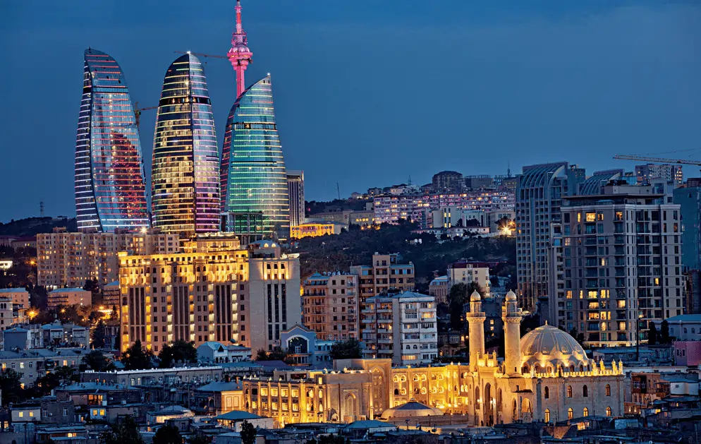 Baku Flame towers and old city 1